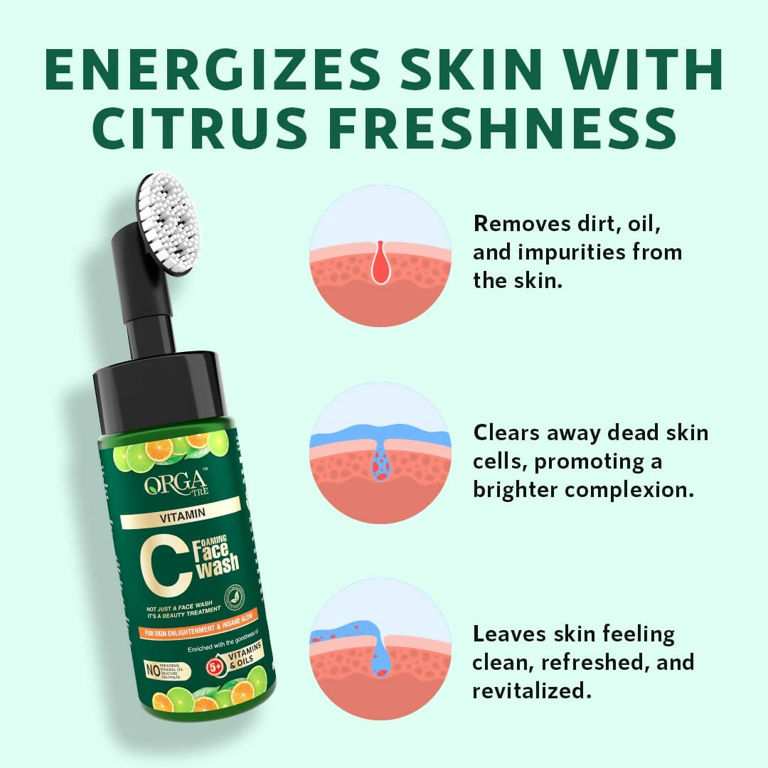 Orgatre Vitamin C Foaming Face Wash with Built-in Silicon Brush, Niacinamide Foaming cleanser for Acne prone Skin | Grocsy