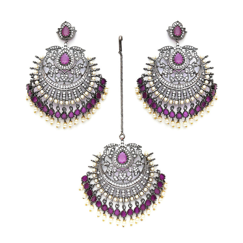 Diamond & Maroon Stone Earrings with Matching Maang Tikka- Ruby Raang | Grocsy