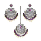 Diamond & Maroon Stone Earrings with Matching Maang Tikka- Ruby Raang | Grocsy