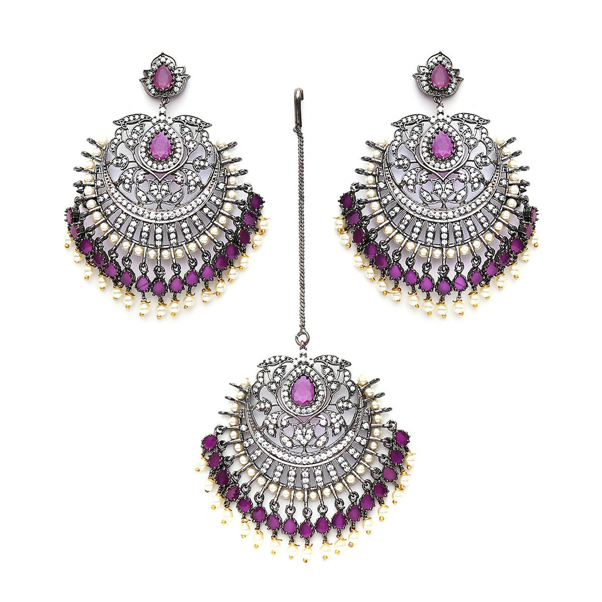Diamond & Maroon Stone Earrings with Matching Maang Tikka- Ruby Raang | Grocsy