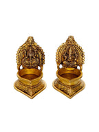 eCraftIndia Set of 2 Gold-Toned Handcrafted Brass Laxmi Ganesha Idol Deepak | Grocsy