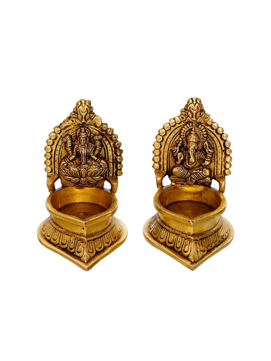 eCraftIndia Set of 2 Gold-Toned Handcrafted Brass Laxmi Ganesha Idol Deepak | Grocsy