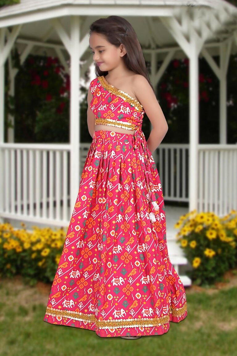 Aayaa Designer Printed Silk Pink Kids Lehenga Choli - Pink | Grocsy