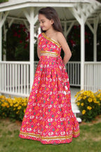 Aayaa Designer Printed Silk Pink Kids Lehenga Choli - Pink | Grocsy