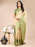Shree Shyam Fashion Aura Silk Cream Light Green Banarasi Silk Saree | Grocsy