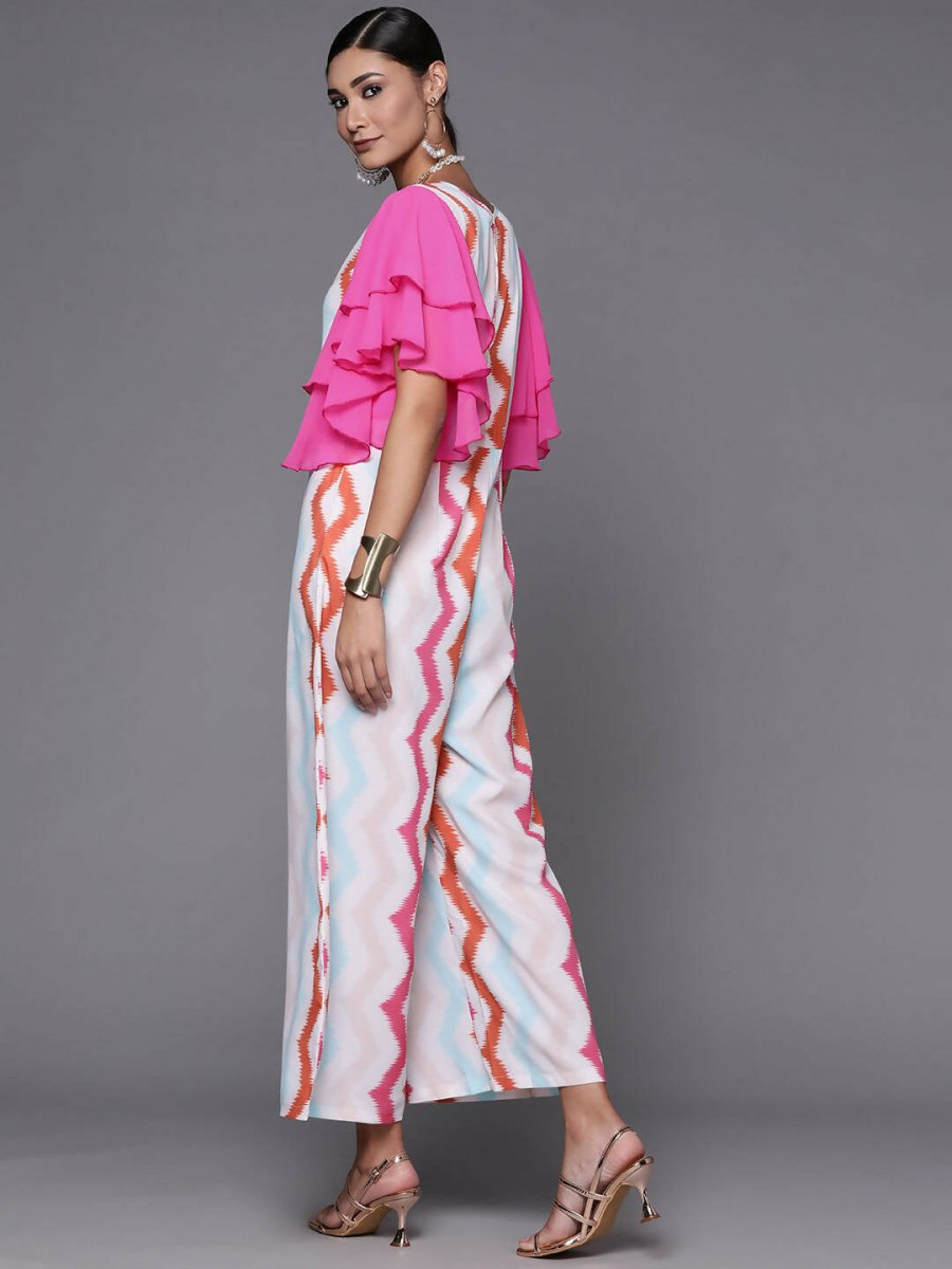 Ahalyaa White & Pink Zig Zag Striped Basic Jumpsuit | Grocsy