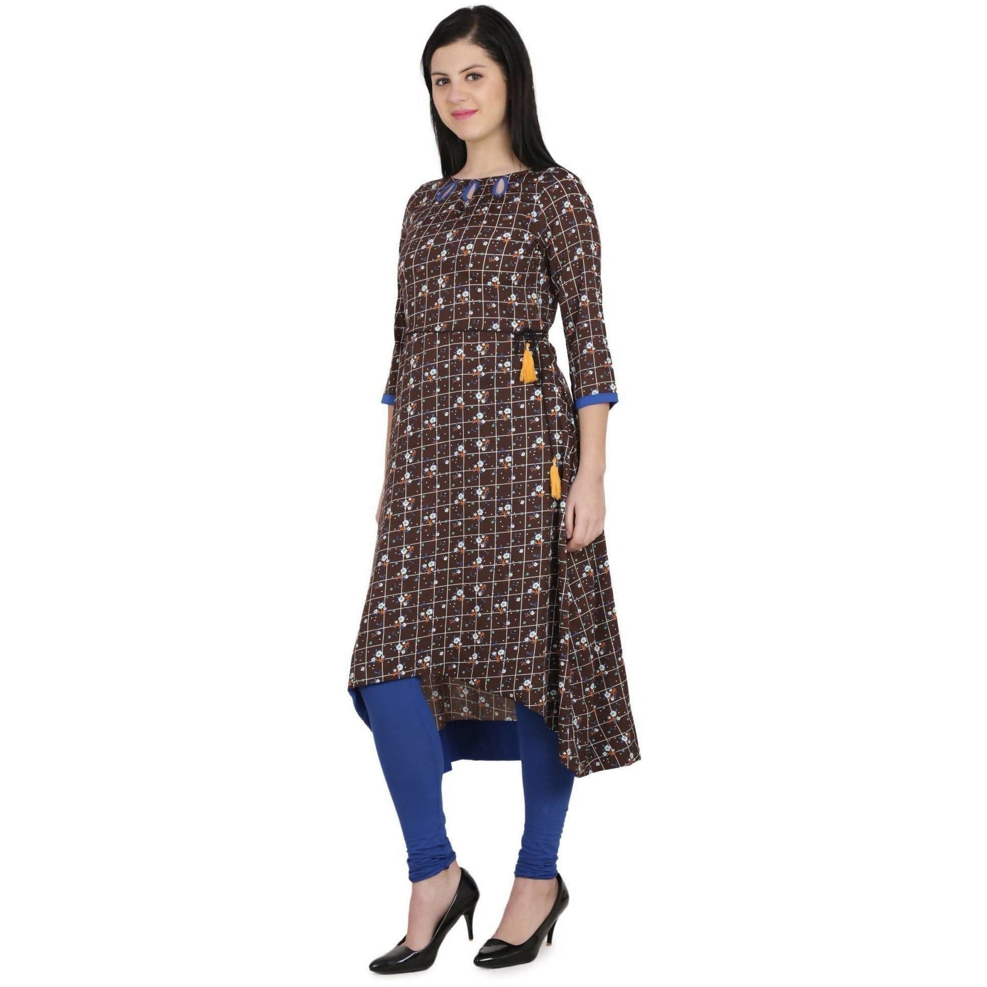 Kanoor Garments Women's Brown High Low Round Neck Kurti | Grocsy
