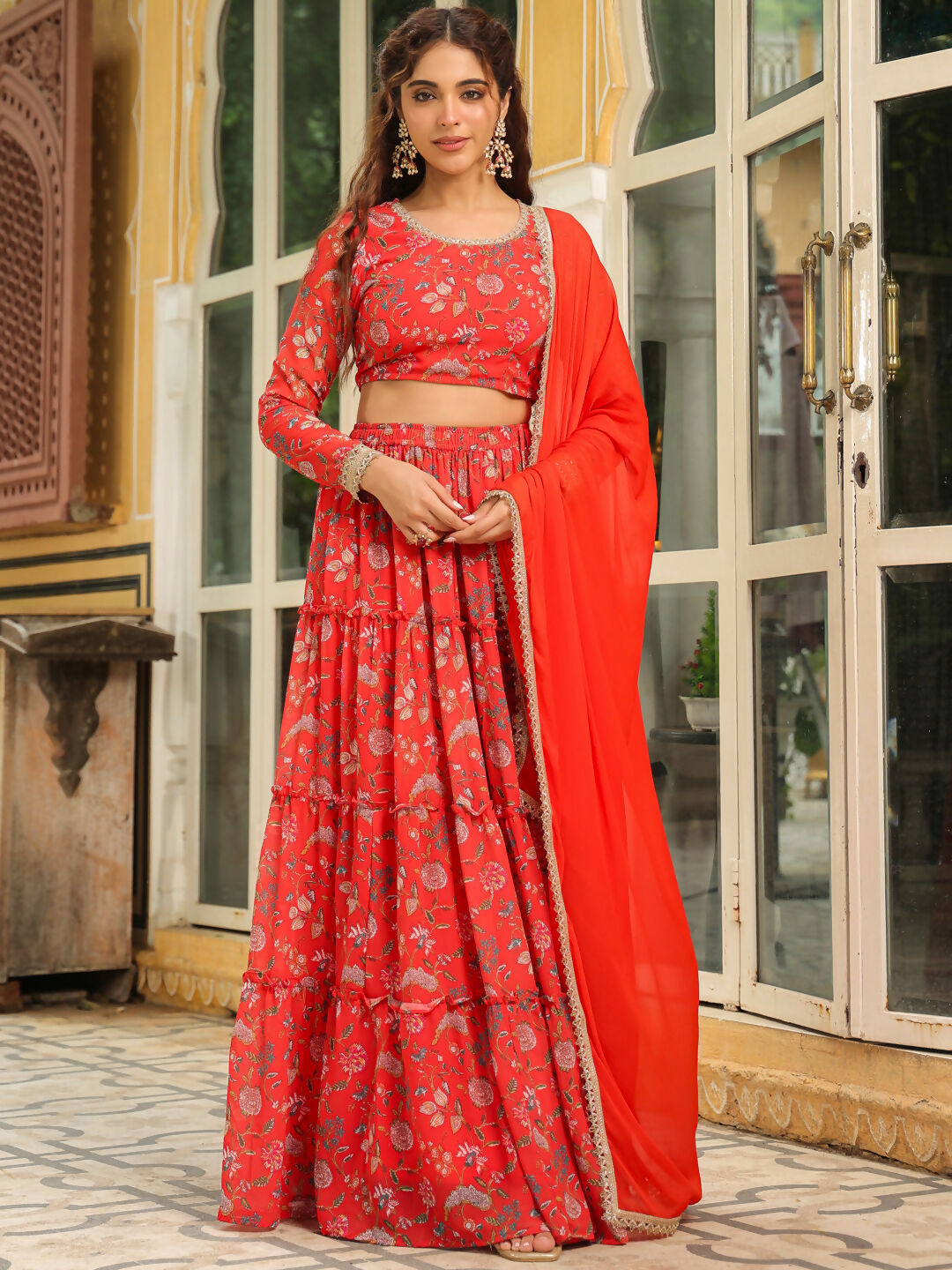 Janasya Red Georgette Floral Lehenga Choli Dupatta | Grocsy