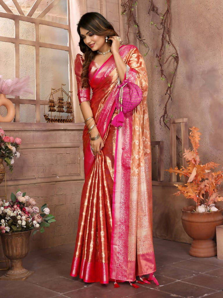 Anaita Orange Tissue Silk With Zari Weaving Saree With Blouse | Grocsy