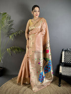 Joban Fashion Peach Peacock & Floral Motifs Tissue Paithani Saree | Grocsy
