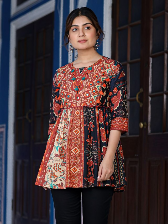 Juniper Women's Multi Colored Ethnic Motif Printed Cotton Peplum Tunic | Grocsy
