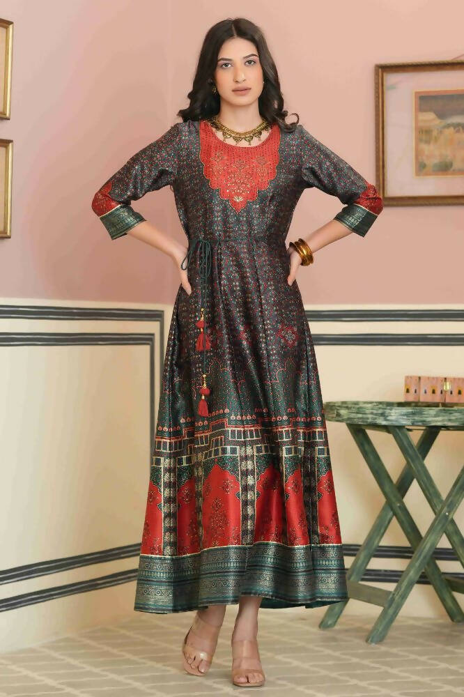 Juniper Green Satin Festive Printed Anarkali Flared Anarkali Kurta For Women | Grocsy