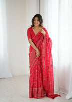PR Fashion Red Georgette Patta Plain With Foil Work And Small Lace And Zalar Lace Saree | Grocsy