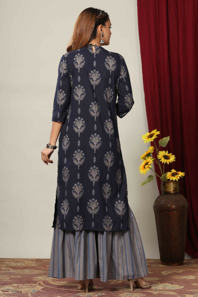 Miravan Women's Blue & Grey Printed Pure Cotton Kurta With Sharara | Grocsy