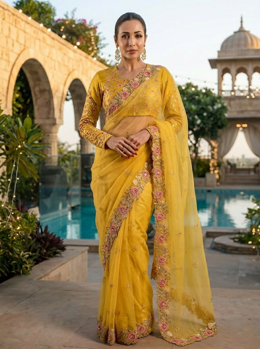Teeya Creation New Womens Latest Party Wear Soft Chiffon Silk Saree-Yellow | Grocsy