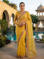 Teeya Creation New Womens Latest Party Wear Soft Chiffon Silk Saree-Yellow | Grocsy
