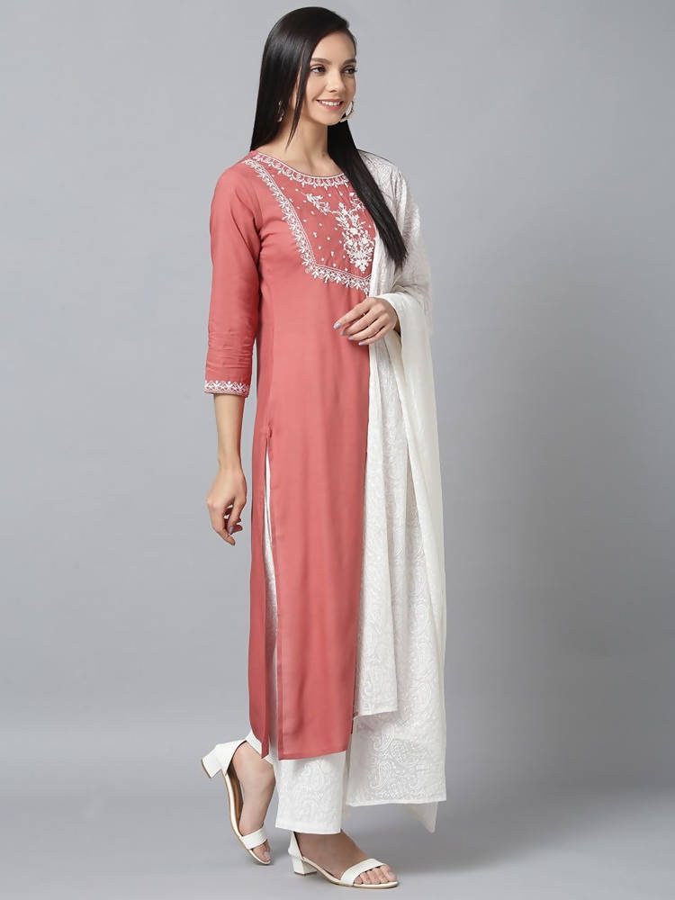 Yufta Women Pink & White Yoke Design Kurta with Palazzo & Dupatta | Grocsy