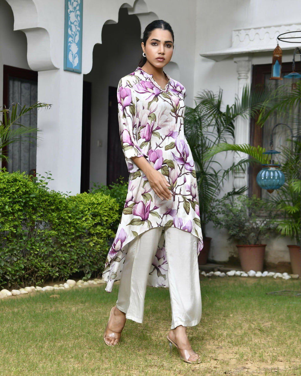 Vaasva Women's Cream Musline Viscose Digital Printed Cord Set | Grocsy