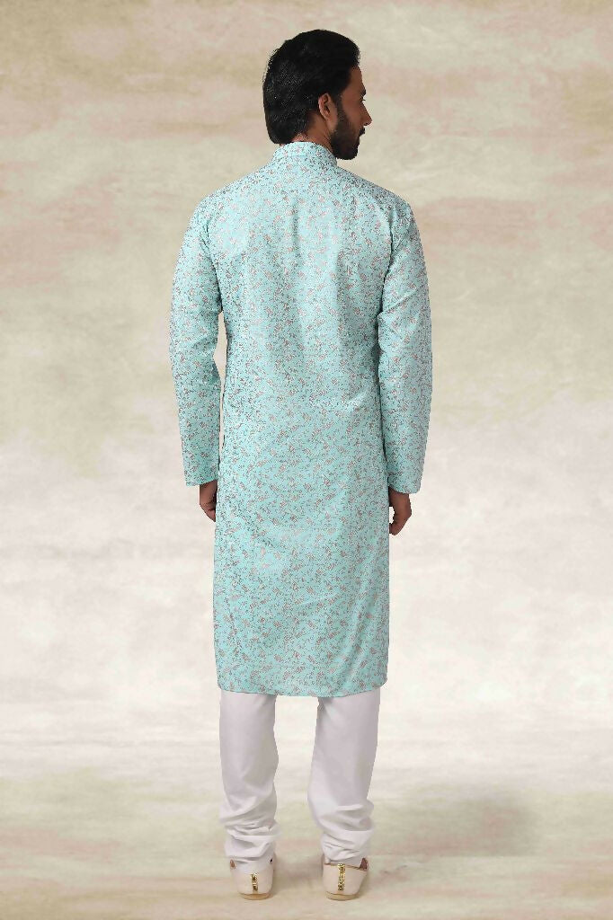 Raivat Ethnic Cotton Printed Work Kurta Pajama In Sea Green Colour | Grocsy
