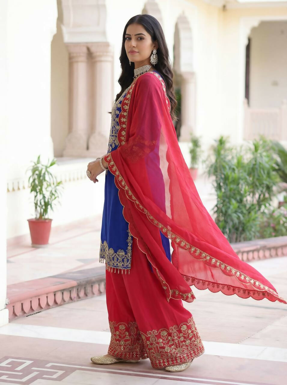 Joban Fashion Blue Silk Embroidered Sharara Set | Grocsy