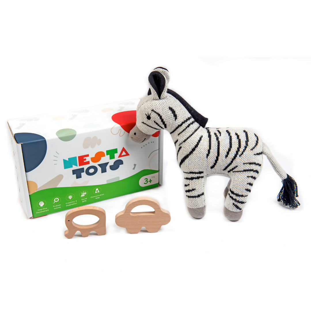 Nesta Toys Newborn Gift Set - Zebra Plush Toy, Wooden Elephant & Car Teether | Grocsy