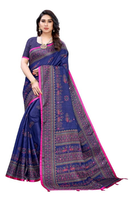 Vamika Navy Mirror Work With Jhalar Khadi Silk Saree (AASHI NAVY) | Grocsy