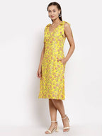 Myshka Women's Yellow Cotton Printed Sleeveless V Neck Casual Dress | Grocsy