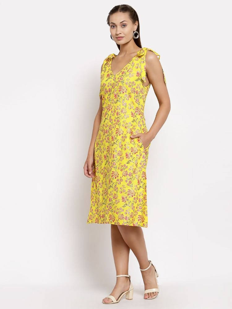Myshka Women's Yellow Cotton Printed Sleeveless V Neck Casual Dress | Grocsy