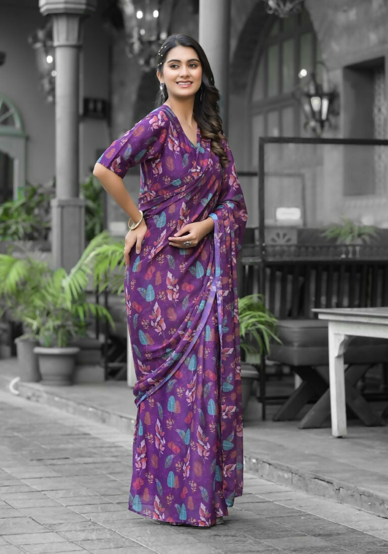 stylish Casual Purple Imported georgette Ready to Wear Fancy Saree - Ashwini | Grocsy