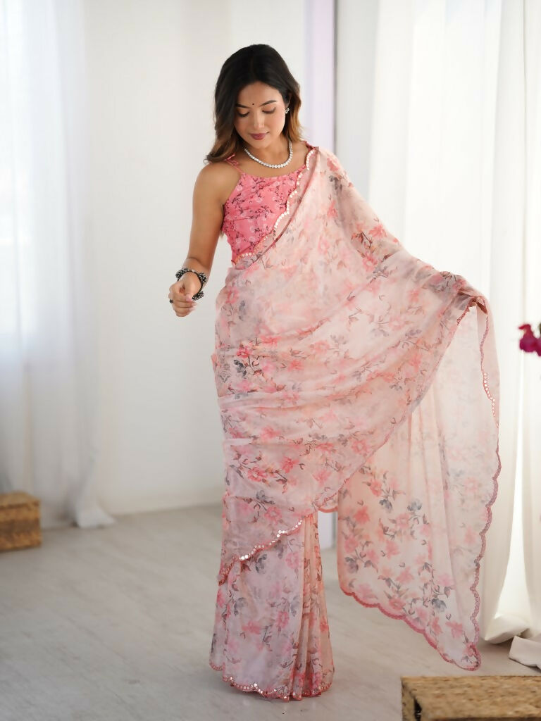 Pink Chinon Designer Digital Printed,Mirror Cut Work Saree - Elayna | Grocsy