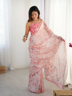 Pink Chinon Designer Digital Printed,Mirror Cut Work Saree - Elayna | Grocsy
