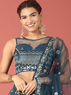 House of Panchhi Navy Blue Net Sequinse Work Lehenga & Blouse, Dupatta | Grocsy
