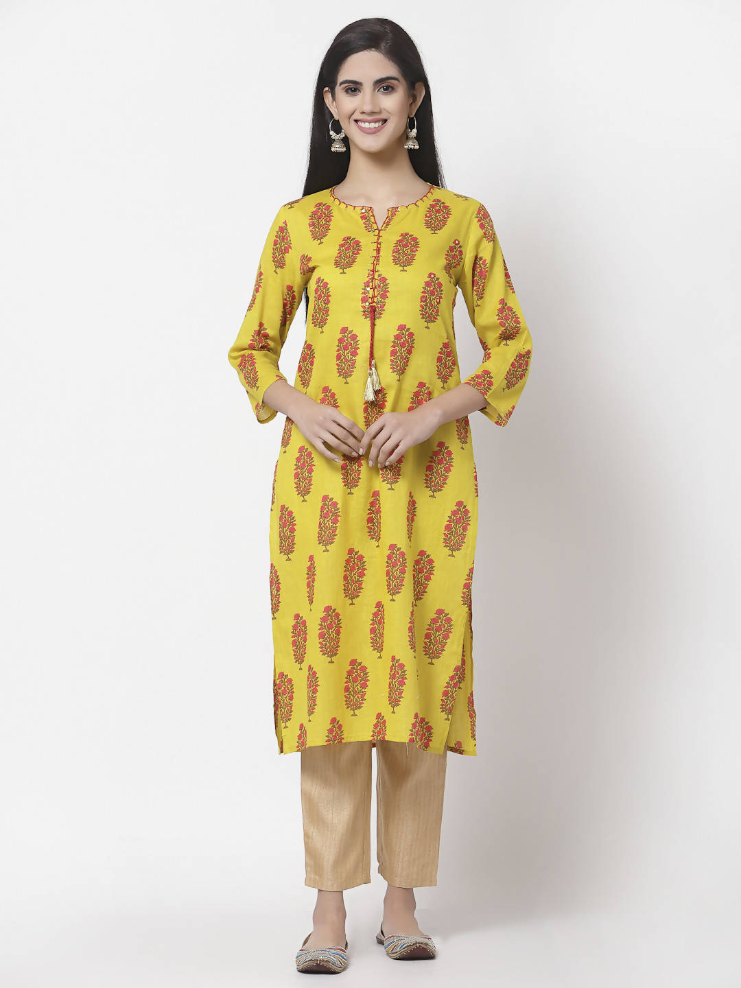 Myshka Women Yellow Pure Cotton Printed 3/4 Sleeve Round Neck Kurta | Grocsy