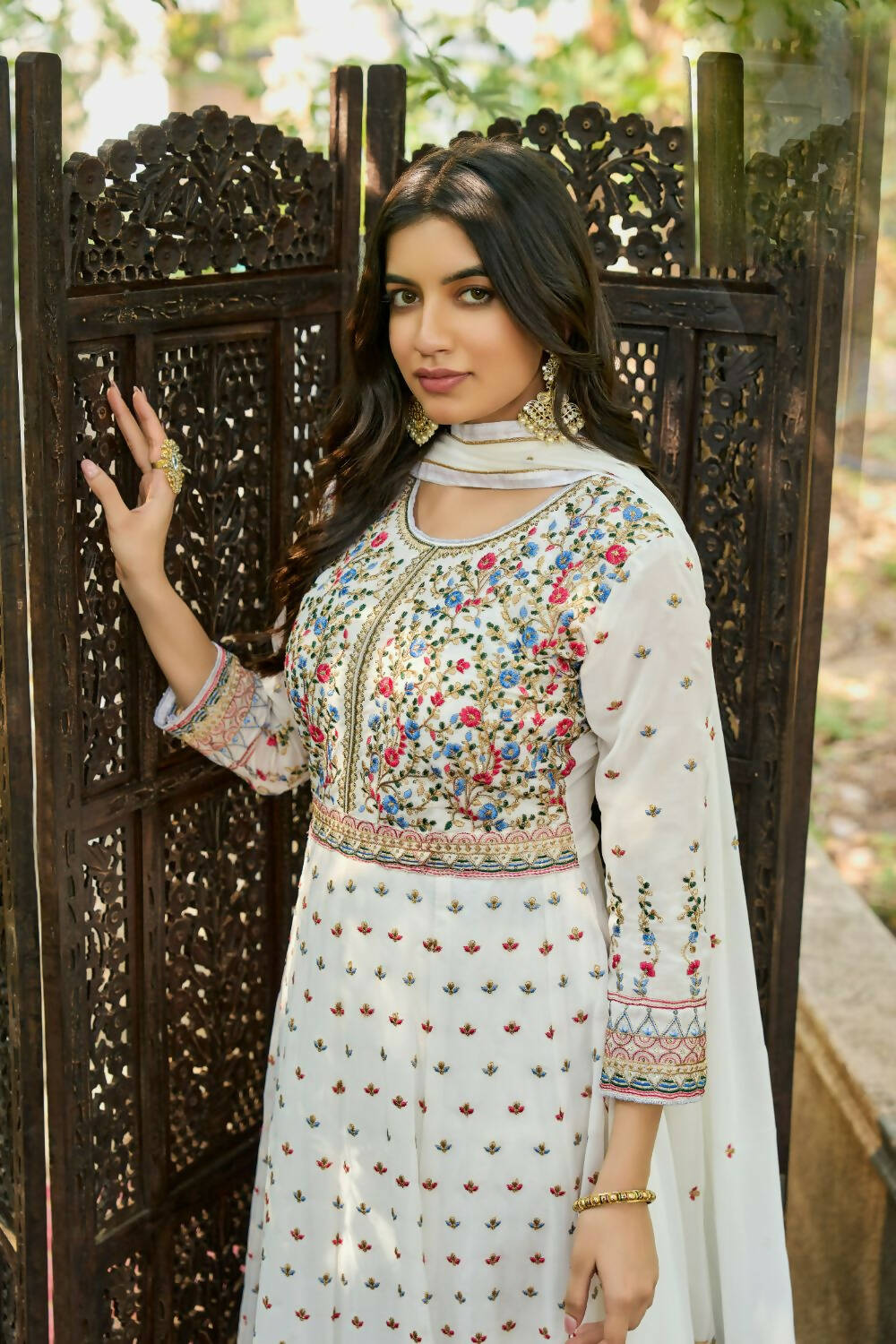 White Heavy Faux Georgette Anarkali Embroidered Kurta Set - Dhvani | Grocsy