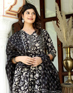 Miravan Women's Black Cotton Embroidered Attractive Anarkali Kurta And Palazzo With Dupatta Set | Grocsy