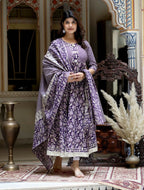Miravan Women's Flower Printed Blue Anarkali Kurta With Beautiful Border And Dupatta | Grocsy