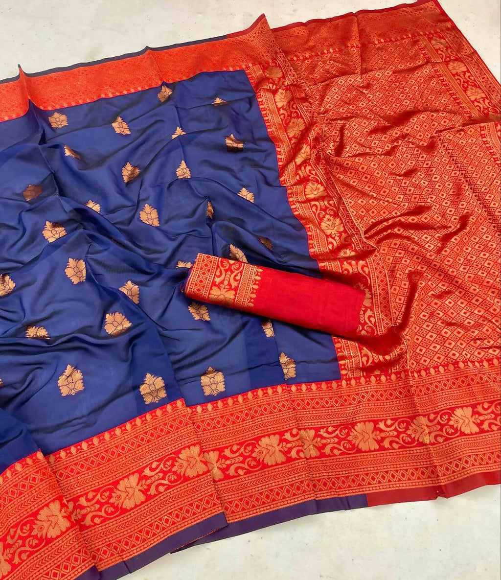 DEIANA'S Beautiful Designer Golden zari Soft Lichi Silk Saree - Blue | Grocsy