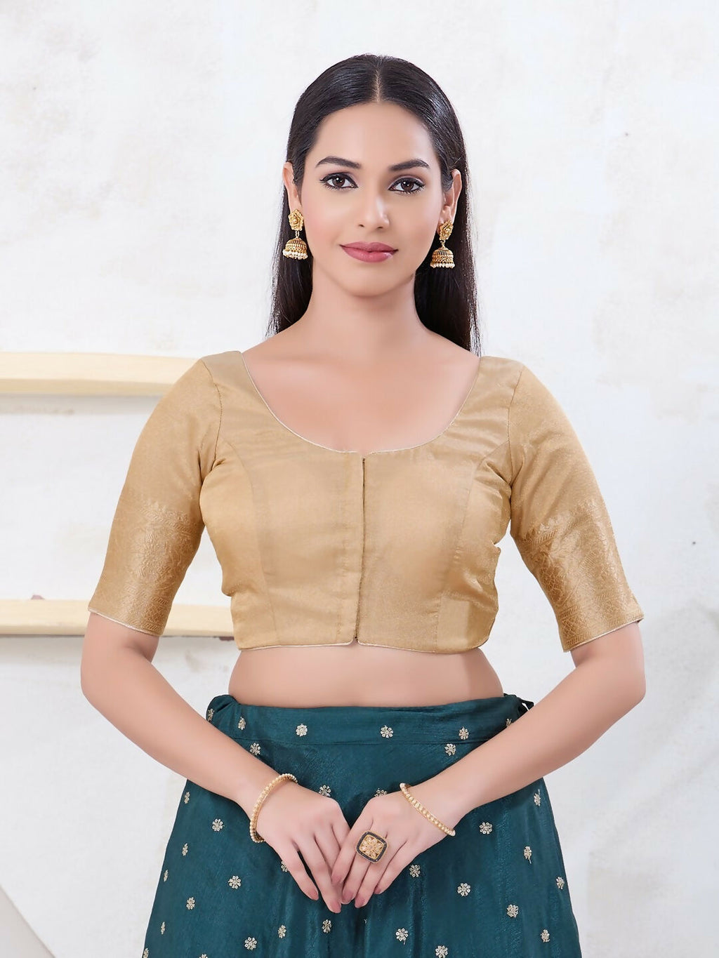 Joban Fashion Light-Gold Brocade Elbow Sleeveless Front Open Blouse | Grocsy