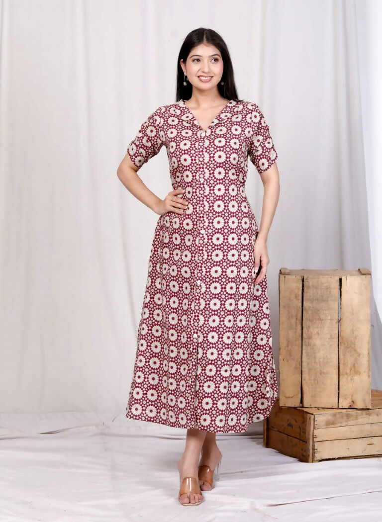 Miravan Women's Cotton Floral Printed Cream A-Line Maxi Dress with Buttons | Grocsy