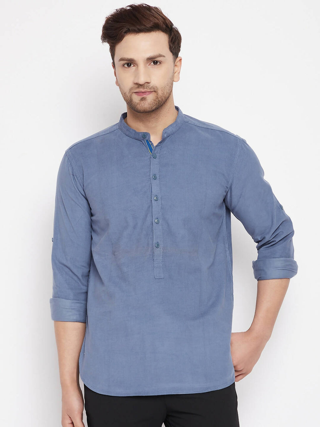 Even Apparels Blue Color Pure Cotton Short Men's Kurta With Band Collar | Grocsy