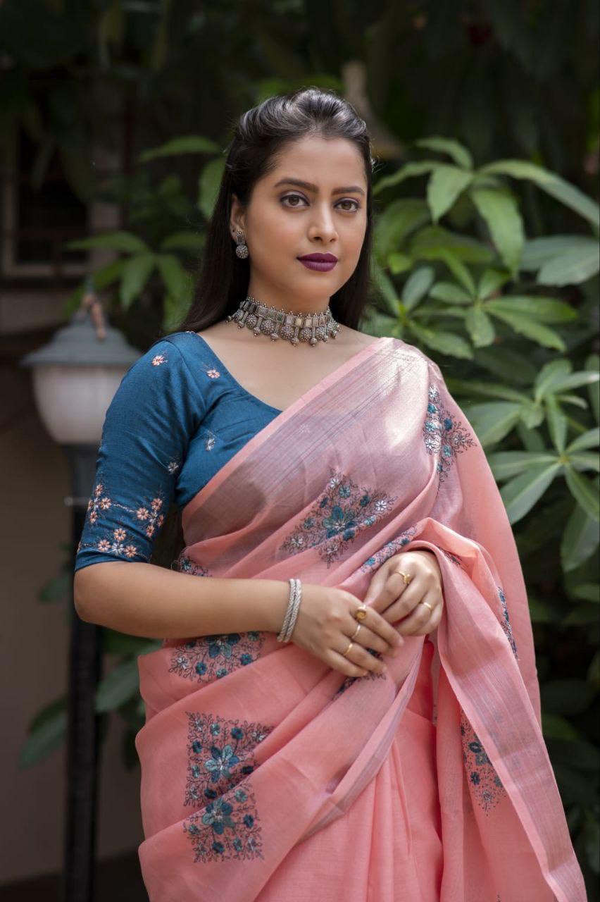 Brick Pure Linen Ethnic Motifs Saree with Unstitched Blouse - A2M | Grocsy