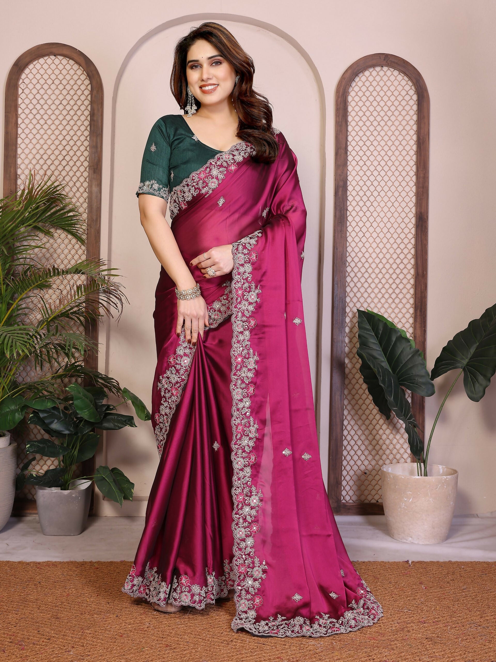 Teeya Creation New Trendy Stylish Party Wear Silk Saree-Pink | Grocsy