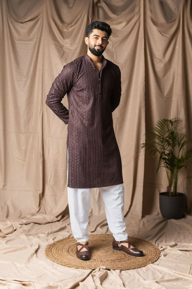Dark Brown Rayon Thread Embroidery Work Kurta Set - Mahotsav | Grocsy