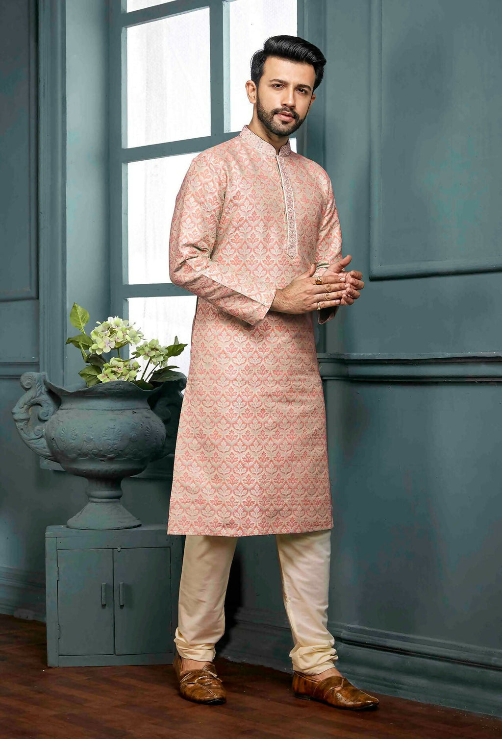 Joban Fashion Men's Peach Poly Jacquard Kurta Pajama | Grocsy