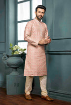 Joban Fashion Men's Peach Poly Jacquard Kurta Pajama | Grocsy