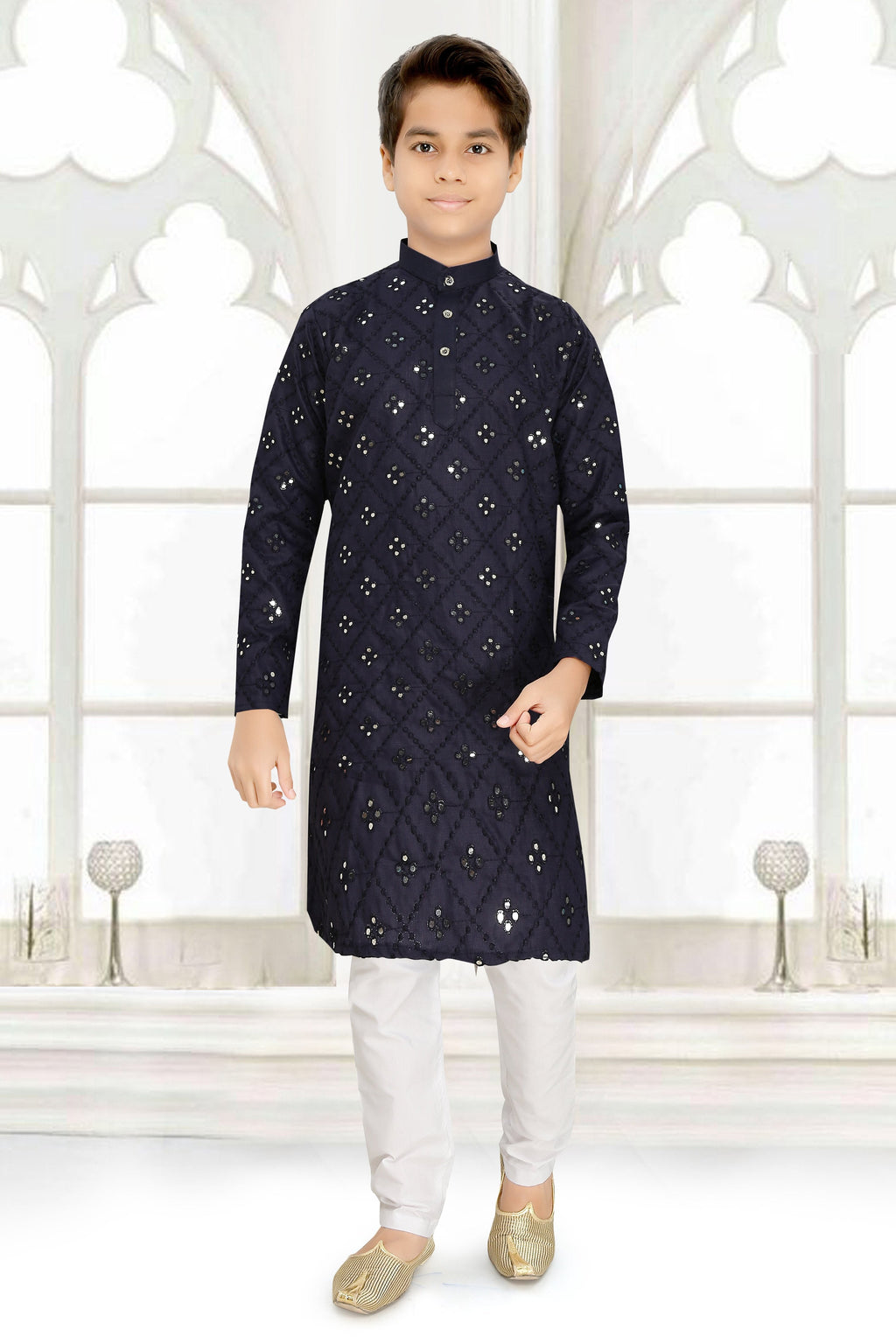 Neera Trendz Blue Cotton Blend Mirror Work Kid's Kurta With Pyjama | Grocsy
