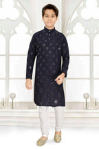 Neera Trendz Blue Cotton Blend Mirror Work Kid's Kurta With Pyjama | Grocsy