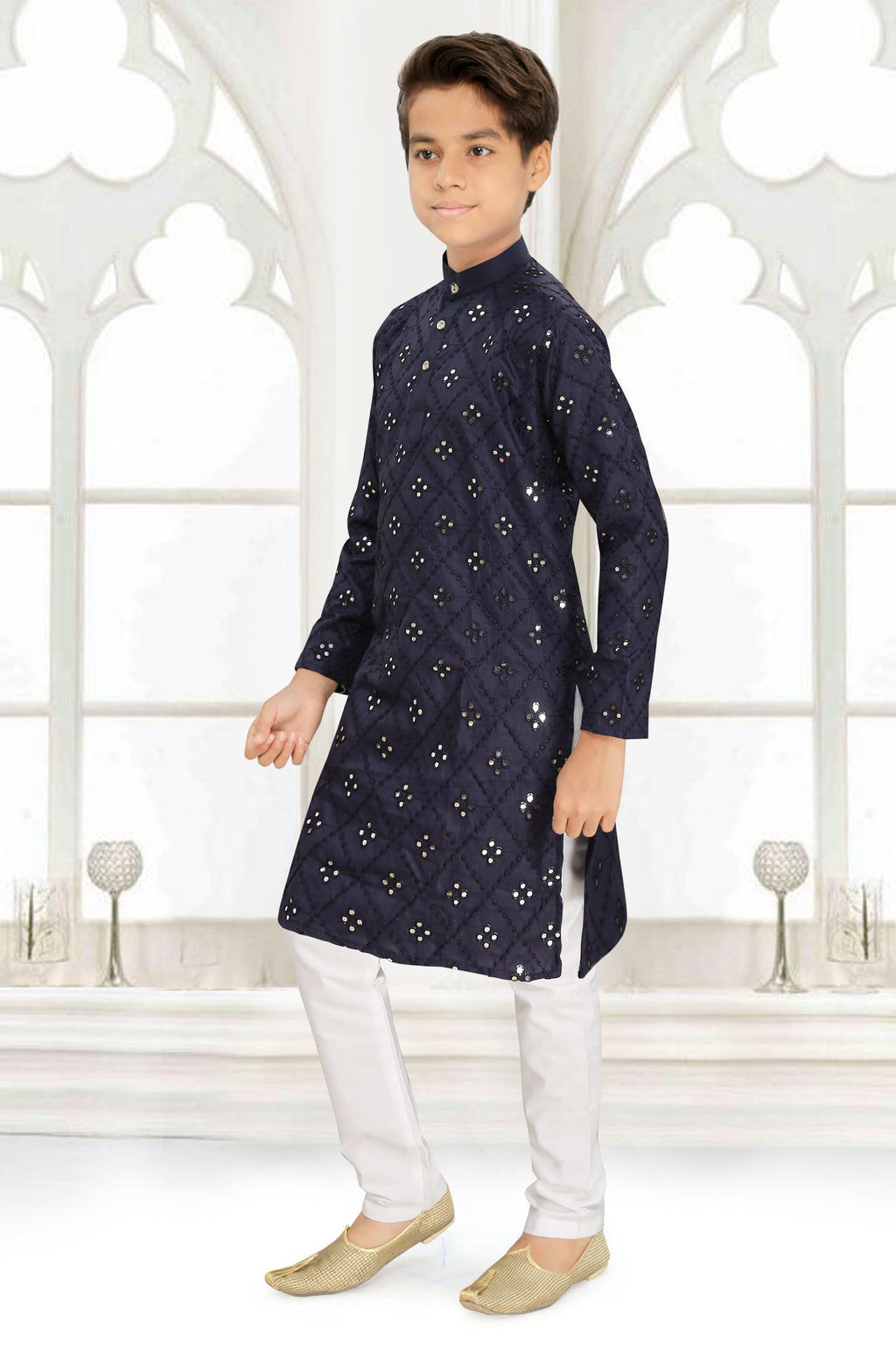 Neera Trendz Blue Cotton Blend Mirror Work Kid's Kurta With Pyjama | Grocsy