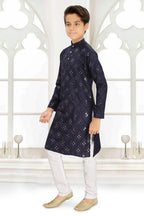 Neera Trendz Blue Cotton Blend Mirror Work Kid's Kurta With Pyjama | Grocsy