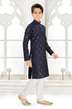 Neera Trendz Blue Cotton Blend Mirror Work Kid's Kurta With Pyjama | Grocsy
